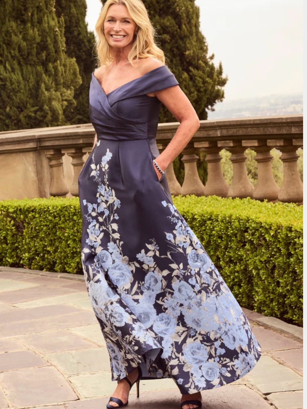 Alex Evenings Navy One-Shoulder Floral Evening Gown